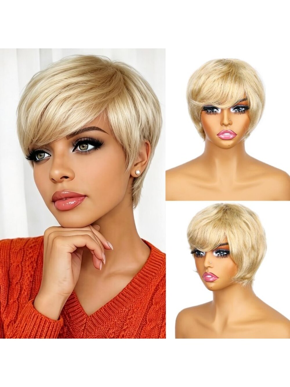 Blonde Pixie Cut Wig for Women - Short Layered Human Hair Bob, Glueless Style